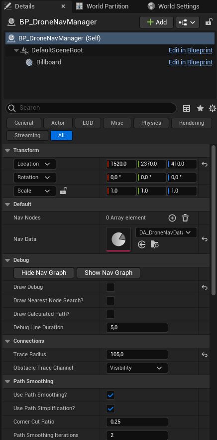 BP_DroneNavManager Details — TraceRadius and the Show / Hide Nav Graph buttons
