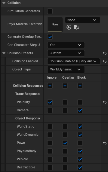 The drone SphereCollision Details — Visibility trace response set to Ignore, WorldStatic object response left as Block